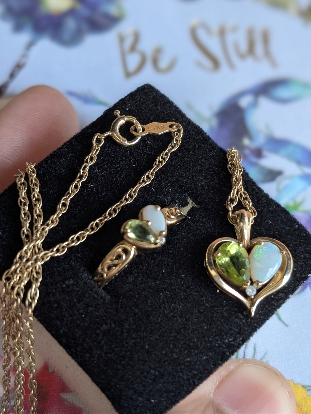 Genuine Opal & Peridot Matching solid 14KYG  Ring & Necklace